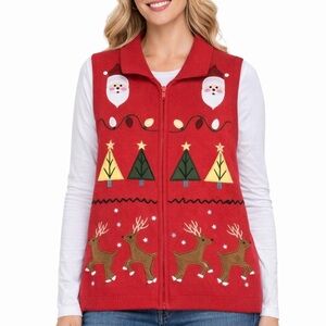 Bechamel Vintage Women’s Size M Santa Red Christmas Zip Up Sweater Vest Appliqué
